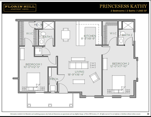 Floor plan for 2 beds, 2 baths, 1083 sqft